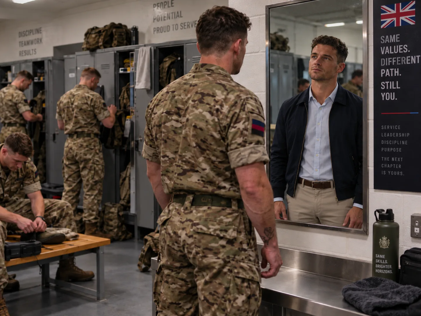 A soldier in uniform looking into a mirror and seeing his civilian self, with the words Same values. Different path. Still you.